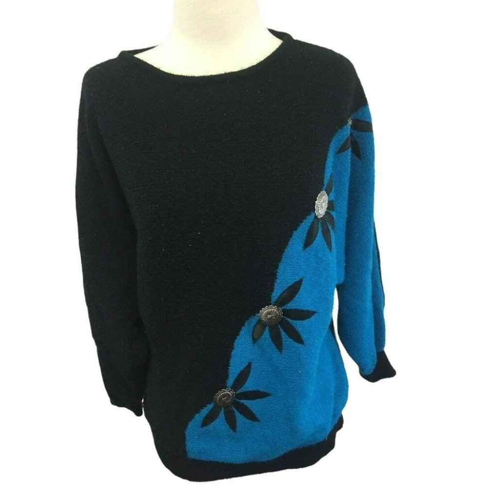 VTG Miller Outerwear Womens L Pull Over Sweater Black Blue Floral Embellished